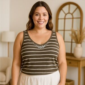 Lane Bryant Womens Striped Sleeveless Green & White Embellishment tank top 14/16